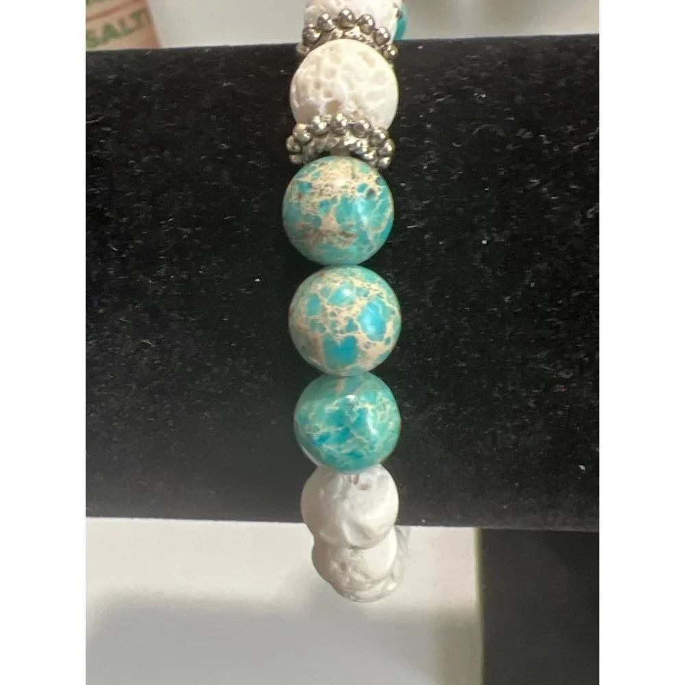 White Lava Rock & Turquoise Bead Stretch Bracelet -- NEW